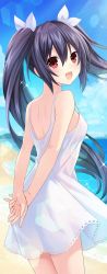 Rule 34 | 1girl, :d, absurdres, arms behind back, bare shoulders, beach, black hair, cowboy shot, day, dress, from behind, hair between eyes, hair ribbon, highres, long hair, looking at viewer, looking back, neptune (series), noire (neptunia), ocean, official art, open mouth, outdoors, red eyes, ribbon, smile, solo, tsunako, twintails, very long hair, white dress