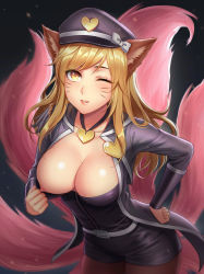 Rule 34 | 1girl, ahri (league of legends), animal ears, belt, black background, black pantyhose, blonde hair, breasts, cleavage, clothes pull, cowboy shot, facial mark, fox ears, fox tail, glint, gold, hand on own hip, hat, heart, heart necklace, highres, jewelry, league of legends, leaning forward, long hair, looking at viewer, medium breasts, multiple tails, necklace, nipples, no bra, one eye closed, pantyhose, parted lips, peaked cap, popstar ahri, pulling own clothes, short shorts, shorts, simple background, solo, spichis, standing, swept bangs, tail, third-party source, whisker markings, yellow eyes