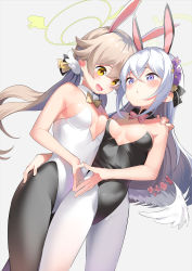 Rule 34 | 2girls, absurdres, alternate costume, animal ears, asymmetrical docking, azusa (blue archive), bare arms, bare shoulders, black leotard, blue archive, blue eyes, blush, bow, bowtie, breast press, breasts, cowboy shot, detached collar, fake animal ears, flower, grey background, grey hair, hair between eyes, hair flower, hair ornament, halo, hand on another&#039;s hip, hand on another&#039;s shoulder, hifumi (blue archive), highres, hug, leotard, light brown hair, long hair, multiple girls, open mouth, pantyhose, playboy bunny, purple eyes, rabbit ears, rabbit tail, shiratama mochi, simple background, small breasts, smile, strapless, strapless leotard, tail, very long hair, white leotard, white wings, wings, wrist cuffs, yellow eyes, yuri
