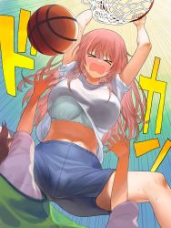 Rule 34 | a1 (initial-g), arms up, ball, basketball, basketball (object), basketball hoop, blue shorts, bra, breasts, closed eyes, clothes lift, emphasis lines, gradient background, highres, inui shinju, large breasts, long hair, nervous sweating, pink hair, shirt, shirt lift, short shorts, shorts, slam dunk (basketball), sleeves rolled up, solo focus, sono bisque doll wa koi wo suru, spread legs, sweat, underwear, very sweaty, white shirt