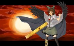 Rule 34 | 1girl, adapted costume, arm cannon, bird wings, black thighhighs, black wings, boots, bow, breasts, brown hair, cape, female focus, open mouth, pianna, red eyes, reiuji utsuho, solo, standing, thighhighs, third eye, touhou, wallpaper, weapon, wings, zettai ryouiki