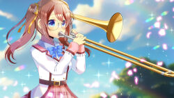 Rule 34 | 1girl, blue bow, blue eyes, blue sky, blurry, blurry background, blush, bow, breasts, brown hair, cloud, collared shirt, commentary request, commission, day, depth of field, glasses, holding, holding instrument, instrument, jacket, kou hiyoyo, long hair, multicolored hair, music, original, outdoors, pink skirt, plaid, plaid skirt, playing instrument, pleated skirt, round eyewear, shirt, skeb commission, skirt, sky, small breasts, solo, streaked hair, trombone, twintails, two-tone hair, white jacket, white shirt