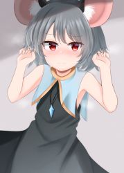 Rule 34 | 1girl, adapted costume, animal ears, bare arms, bare shoulders, black dress, blush, capelet, dakuazu, dress, grey hair, hands up, highres, jewelry, looking at viewer, mouse ears, nazrin, necklace, pendant, red eyes, short hair, simple background, sleeveless, sleeveless dress, solo, sweat, touhou