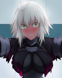 Rule 34 | 1girl, ahoge, black cape, blonde hair, blush, breasts, cape, chain, clenched teeth, embarrassed, fate/grand order, fate (series), feather trim, full-face blush, hasebe akira, highres, jeanne d&#039;arc (fate), jeanne d&#039;arc alter (avenger) (fate), jeanne d&#039;arc alter (fate), kabedon, looking at viewer, medium breasts, solo, sweatdrop, tearing up, teeth, yellow eyes