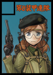 Rule 34 | 1girl, animal ears, beret, blue background, blue eyes, border, brown hair, commentary, dan kanemitsu, gloves, gun, hand up, handgun, hat, headset, load bearing equipment, long hair, looking at viewer, military, military uniform, minazuki juuzou, necktie, original, revolver, safety glasses, serious, simple background, solo, strike witches, strike witches (lionheart witch), translated, trigger discipline, uniform, upper body, weapon, world witches series