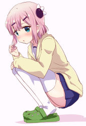 Rule 34 | 1girl, ass, blue eyes, blue skirt, blush, chiyoda momo, hair ornament, hairclip, highres, looking at viewer, looking to the side, machikado mazoku, miniskirt, mukaibi aoi, open mouth, pink background, pink hair, playing with own hair, pleated skirt, short hair, simple background, skirt, solo, sweater, thighhighs, white thighhighs