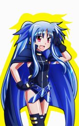 Rule 34 | 1girl, :d, absurdres, belt, belt bra, belt skirt, black gloves, black thighhighs, blue hair, cape, covered navel, cowboy shot, fang, flat chest, gloves, hair ribbon, hand on own hip, happy, highres, leotard, long hair, looking at viewer, lyrical nanoha, magical girl, mahou shoujo lyrical nanoha, mahou shoujo lyrical nanoha a&#039;s, mahou shoujo lyrical nanoha a&#039;s portable: the battle of aces, levi the slasher, open mouth, outline, parted bangs, red eyes, ribbon, salute, sidelocks, simple background, smile, solo, standing, tappa (esperanza), thighhighs, turtleneck, twintails, very long hair, white background