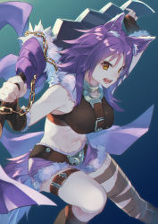 Rule 34 | 1girl, animal ear fluff, animal ears, bare shoulders, belt, blush, breasts, brown belt, brown eyes, chain, commentary request, denim, denim shorts, fur trim, highres, holding, large breasts, long hair, looking at viewer, makoto (princess connect!), navel, open mouth, princess connect!, purple hair, sho bu 1116, shorts, solo, tail, wolf ears, wolf girl, wolf tail