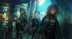 Rule 34 | 3girls, against wall, alley, brown eyes, brown hair, dutch angle, graffiti, grey eyes, hand in pocket, hands in pockets, hat, jacket, jacket on shoulders, leg up, lm7 (op-center), long hair, looking away, multiple girls, night, original, outdoors, silver hair, thighhighs, wet ground, zettai ryouiki