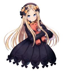 Rule 34 | 1girl, abigail williams (fate), bad id, bad twitter id, black bow, black dress, black hat, blonde hair, blue eyes, bow, dress, fate/grand order, fate (series), frown, hair bow, hat, highres, hugging object, long hair, long sleeves, looking at viewer, orange bow, parted bangs, polka dot, polka dot bow, simple background, sleeves past fingers, sleeves past wrists, solo, ssumbi, stuffed animal, stuffed toy, teddy bear, upper body, very long hair, white background