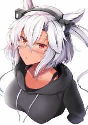 Rule 34 | 1girl, black hoodie, bra strap, breasts, collarbone, cropped torso, dark-skinned female, dark skin, from above, glasses, hair flaps, headgear, highres, hood, hoodie, kantai collection, large breasts, long hair, looking at viewer, musashi (kancolle), musashi kai ni (kancolle), red eyes, silver hair, simple background, solo, twintails, white background, yunamaro