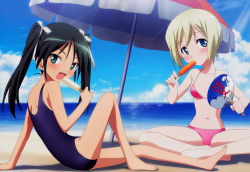 Rule 34 | 2girls, barefoot, beach, beach umbrella, bikini, black hair, blonde hair, blue eyes, blush, day, erica hartmann, fang, feet, flat chest, food, francesca lucchini, green eyes, hand fan, highres, indian style, light rays, long hair, midriff, multiple girls, navel, ocean, one-piece swimsuit, open mouth, paper fan, popsicle, short hair, sitting, strike witches, sunbeam, sunlight, swimsuit, twintails, uchiwa, umbrella, world witches series