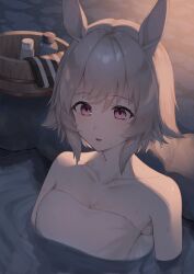 Rule 34 | 1girl, animal ears, bare shoulders, breasts, bucket, cleavage, collarbone, curren chan (umamusume), dosscsfkqiqe1kg, grey hair, highres, horse ears, medium breasts, naked towel, onsen, open mouth, partially submerged, pink eyes, shampoo bottle, short hair, solo, towel, umamusume, water, wet