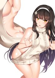 Rule 34 | 1girl, armpits, ass, bad id, bad twitter id, black hair, breasts, butt crack, girls&#039; frontline, hairband, highres, long hair, looking at viewer, maze yuri, medium breasts, meme attire, open mouth, sideboob, smile, type 95 (girls&#039; frontline), virgin killer sweater, white background, yellow eyes