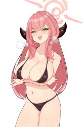 Rule 34 | 1girl, absurdres, arms under breasts, aru (blue archive), bikini, black bikini, blue archive, blush, breasts, breath, crossed arms, halo, highres, horns, large breasts, navel, pink hair, puchimosu (mosu1427), simple background, solo, stomach, sweatdrop, swimsuit, v-shaped eyebrows, white background, yellow eyes