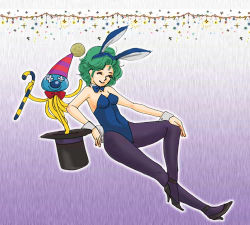 Rule 34 | 1girl, animal ears, blue pantyhose, bow, bowtie, breasts, cane, chunsoft, cleavage, cosplay, curly hair, dragon quest, dragon quest iii, dragon quest iv, enix, closed eyes, fake animal ears, green hair, hat, heroine (dq4), high heels, healslime, jester (dq3), jester (dq3) (cosplay), leotard, lowres, nao (moji), pantyhose, party hat, playboy bunny, rabbit ears, rabbit tail, shoes, short hair, smile, solo, tail, wrist cuffs
