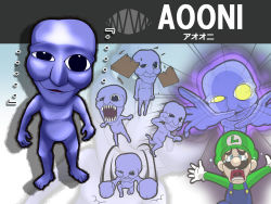 Rule 34 | 1boy, ao oni, black eyes, blue eyes, blue oni, blue skin, broken, brown hair, colored skin, copyright name, crossover, crying, facial hair, final smash, gloves, glowing, glowing eyes, grin, hat, highres, jumping, luigi, mario (series), mustache, nintendo, oni, open mouth, outline, parody, plank, running, scared, shan grila, silhouette, smile, super smash bros., symbol, tears, teeth, the oni (ao oni), zoom layer