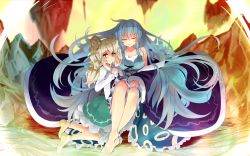 Rule 34 | &gt;:(, 2girls, aged up, anklet, bare shoulders, barefoot, blue hair, blue skirt, breasts, camisole, closed eyes, closed mouth, collarbone, frown, full body, green skirt, hair ribbon, highres, horns, jewelry, kneeling, large breasts, light brown hair, long hair, long sleeves, low ponytail, multiple girls, nama shirasu, off shoulder, original, parted lips, ribbon, sheep horns, shirt, sitting, skirt, tatara kogasa, touhou, v-shaped eyebrows, very long hair, white shirt, wide sleeves