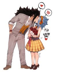 Rule 34 | 1boy, 1girl, black hair, blue hair, blush, bouquet, checkered clothes, checkered skirt, closed eyes, couple, fairy tail, flower, gajeel redfox, hairband, heart, height difference, hetero, high heels, jacket, kiss, leaning in, levy mcgarden, long hair, looking at another, looking up, pants, ribbon, rose, rusky, shirt, shoes, simple background, skirt, sleeveless, spoken heart, standing, watch, white background, white day