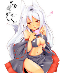 Rule 34 | 1girl, animal ears, blush, breasts, censored, cleavage, cleavage cutout, clothing cutout, condom, detached sleeves, fang, heart, highres, long hair, midriff, mosaic censoring, navel, open mouth, original, red eyes, sexually suggestive, simple background, so-ren, solo, suggestive fluid, tail, white background, white hair