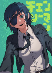 Rule 34 | 1girl, absurdres, belt, black hair, black jacket, black necktie, breasts, bymjim, chainsaw man, collared shirt, commentary, commission, english commentary, eyepatch, formal, green eyes, highres, himeno (chainsaw man), jacket, long sleeves, looking at viewer, medium breasts, medium hair, necktie, one eye covered, open mouth, shirt, simple background, smile, solo, suit, white shirt