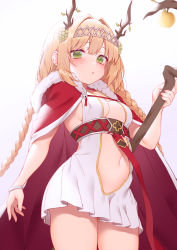 Rule 34 | 1girl, antlers, apple, blush, bracelet, braid, breasts, cape, center opening, cleavage, clothing cutout, cowboy shot, dress, food, food-themed hair ornament, fruit, fur-trimmed cape, fur trim, grape hair ornament, green eyes, hair intakes, hair ornament, highres, holding, holding staff, horns, idun (tower of saviors), jewelry, long hair, looking at viewer, midriff, navel, parted lips, red cape, revealing clothes, short dress, sidelocks, small breasts, solo, staff, stomach, stomach cutout, tiara, tower of saviors, twin braids, underbust, very long hair, white dress, zhaofeng yinyue