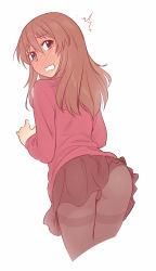 Rule 34 | 1boy, ^^^, androgynous, ass, ass focus, bad id, bad pixiv id, blue eyes, blush, brown eyes, brown hair, crossdressing, embarrassed, flat color, from behind, full-face blush, genshiken, hato kenjirou, long hair, looking back, male focus, open mouth, panties, panties under pantyhose, pantyhose, simple background, skirt, solo, tears, thighband pantyhose, trap, underwear, upskirt, wavy mouth, white background, wig, zpolice