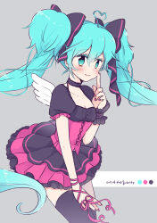 Rule 34 | 1/6 -out of the gravity- (vocaloid), 1girl, ahoge, azurite0012, blue eyes, blue hair, blush, bow, breasts, choker, cleavage, dress, finger to cheek, floating hair, frilled dress, frills, hair bow, hatsune miku, heart, heart ahoge, index finger raised, long hair, mini wings, nail polish, project diva (series), ribbon, short sleeves, single wrist cuff, small breasts, smile, solo, song name, thighhighs, twintails, very long hair, vocaloid, wings, wrist cuffs, wrist ribbon