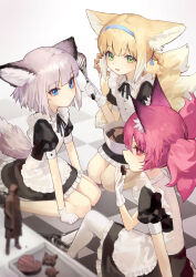 Rule 34 | 3girls, absurdres, alternate costume, animal ear fluff, animal ears, apron, arknights, black dress, black ribbon, blonde hair, blue eyes, blue hairband, blunt bangs, blush, bowl, braid, braided hair rings, candy, chocolate, chocolate heart, closed mouth, clothing cutout, doctor (arknights), dress, enmaided, figure, food, fox ears, fox girl, fox tail, gloves, green eyes, grey hair, hair rings, hairband, heart, highres, holding, holding food, knee up, maid, multiple girls, multiple tails, neck ribbon, on floor, open mouth, pantyhose, puffy short sleeves, puffy sleeves, purple eyes, purple hair, ribbon, shamare (arknights), short hair, short sleeves, short twintails, simple background, sitting, sussurro (arknights), suzuran (arknights), tail, tail through clothes, twintails, valentine, waist apron, wariza, whisk, white apron, white background, white gloves, white pantyhose, yoon cook