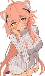 Rule 34 | 1girl, ahoge, animal ears, arknights, blush, breasts, bright pupils, cowboy shot, earpiece, gravel (arknights), hand on own chest, headset, highres, large breasts, long sleeves, looking at viewer, mouse ears, mouse girl, mouse tail, orange eyes, pink hair, ribbed sweater, shino duka, simple background, smile, solo, sweater, tail, white background, white pupils, white sweater