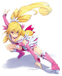 Rule 34 | 1girl, aida mana, bare shoulders, blonde hair, boots, bow, breasts, brooch, choker, closed mouth, collarbone, commentary, cure heart, dokidoki! precure, flipped hair, full body, hair between eyes, hair ornament, half updo, heart, heart brooch, heart hair ornament, high heel boots, high heels, kazuma muramasa, long hair, looking at viewer, magical girl, pink bow, pink eyes, pink hair, precure, purple choker, red eyes, signature, simple background, smile, solo, thighs, white background