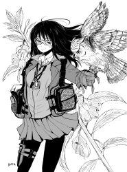 Rule 34 | 1girl, bag, batta (kanzume quality), bird, branch, cardigan, closed mouth, collared shirt, commentary request, cowboy shot, dog tags, falconry, gauntlets, glasses, goggles, greyscale, holding, holster, jacket, leg strap, long hair, long sleeves, monochrome, open clothes, open jacket, original, owl, pantyhose, pleated skirt, school uniform, shirt, signature, skirt, solo, standing, thigh strap, whistle, wind, wing collar