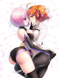 Rule 34 | 2girls, absurdres, ahoge, arched back, ass, ass grab, bare shoulders, black leotard, black pantyhose, black skirt, black thighhighs, blush, breast press, breasts, chaldea uniform, elbow gloves, fate/grand order, fate (series), fujimaru ritsuka (female), gloves, hair ornament, hair over one eye, hair scrunchie, hand on another&#039;s ass, highleg, highleg leotard, highres, hug, koflif, large breasts, leotard, light purple hair, long sleeves, looking at another, mash kyrielight, medium breasts, multiple girls, one side up, orange eyes, orange hair, pantyhose, petals, purple eyes, purple gloves, scrunchie, shirt, short hair, skirt, smile, thighhighs, thighs, white shirt, yuri