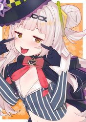Rule 34 | 1girl, absurdres, black capelet, black gloves, black headwear, blunt bangs, blush, capelet, commentary, cowboy shot, crop top, cropped shirt, eyelashes, flat chest, gloves, grey shirt, hair bun, hairband, hat, highres, hololive, long hair, long sleeves, looking at viewer, midriff, murasaki shion, murasaki shion (1st costume), navel, neck ribbon, open mouth, orange background, orange eyes, patterned background, pinstripe pattern, pinstripe shirt, red ribbon, ribbon, shirt, side bun, silver hair, simple background, single hair bun, single side bun, smile, solo, striped clothes, striped shirt, tonarikeru, tongue, tongue out, vertical-striped clothes, vertical-striped shirt, virtual youtuber, witch hat