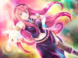 Rule 34 | 1girl, :d, aqua eyes, bad id, bad pixiv id, blue nails, boots, hand on own hip, ichika asatsuki, long hair, megurine luka, midriff, nail polish, navel, open mouth, pink hair, pointing, skirt, smile, solo, thighhighs, vocaloid