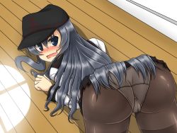 Rule 34 | 10s, 1girl, @ @, akatsuki (kancolle), all fours, artist request, ass, black eyes, black hair, blush, embarrassed, from behind, full-face blush, hat, highres, huge ass, kantai collection, long hair, looking at viewer, looking back, open mouth, panties, panties under pantyhose, pantyhose, school uniform, solo, tears, underwear, very long hair, wavy mouth