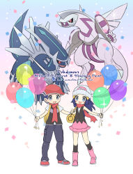 Rule 34 | 1boy, 1girl, :d, bag, balloon, beanie, black socks, boots, cocoloco, commentary request, copyright name, creatures (company), dated, dawn (pokemon), dialga, duffel bag, eyelashes, game freak, gen 4 pokemon, grey eyes, hair ornament, hairclip, hat, holding, holding string, kneehighs, legendary pokemon, long hair, lucas (pokemon), nintendo, open mouth, palkia, pants, pink footwear, pink skirt, pokemon, pokemon (creature), pokemon bdsp, red headwear, red scarf, scarf, shirt, shoes, short hair, short sleeves, skirt, sleeveless, sleeveless shirt, smile, socks, sparkle, standing, string, tongue, white headwear