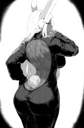 1girl absurdres animal_ear_fluff animal_ears ass backless_dress backless_outfit boku_no_hero_academia breasts butt_crack commentary cowboy_shot dark-skinned_female dark_skin dress english_commentary from_behind greyscale grin half-closed_eye hand_on_own_hip hand_up highres large_breasts long_hair long_sleeves looking_at_viewer looking_back masoq mirko monochrome profile rabbit_ears rabbit_girl rabbit_tail ribbed_dress sleeves_past_wrists smile solo standing tail turtleneck turtleneck_dress very_long_hair