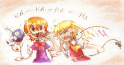 Rule 34 | 2girls, :d, anger vein, ascot, blonde hair, bow, crossover, dress, extra eyes, eye socket, faux traditional media, flandre scarlet, george the bomb, gloves, gradient background, heart, heart in mouth, highres, holding, holding up, laughing, mechanical arms, multiple girls, no headwear, open mouth, orange hair, peacock (skullgirls), pulling, red eyes, ribbon, sharp teeth, short hair, side ponytail, skullgirls, smile, teardrop, teeth, touhou, v-shaped eyebrows, white gloves, wings, worthlessvalor