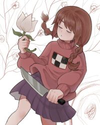 Rule 34 | 1girl, :/, asymmetrical bangs, blush, braid, brown hair, closed eyes, contrapposto, doodle inset, dutch angle, eyelashes, feet out of frame, floating hair, flower, highres, holding, holding flower, holding knife, kaco22549669, kitchen knife, knee blush, knife, left-handed, long hair, long sleeves, low twintails, madotsuki, miniskirt, outline, pleated skirt, print sweater, puffy long sleeves, puffy sleeves, purple skirt, raised eyebrows, simple background, skirt, solo, sweater, turtleneck, turtleneck sweater, twin braids, twintails, white background, white flower, wind, yume nikki