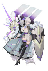Rule 34 | 1girl, ankle boots, black footwear, black thighhighs, boots, breasts, cape, cleavage, closed mouth, detached collar, dress, high heels, highres, holding, holding shield, holding weapon, large breasts, long sleeves, looking at viewer, medium hair, neck ribbon, original, purple eyes, ribbon, see-through, shield, simple background, solo, thighhighs, weapon, white background, white hair, xdcstc