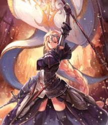 Rule 34 | 1girl, arm up, armor, armored dress, black thighhighs, blonde hair, braid, breasts, crowd, fate/apocrypha, fate/grand order, fate (series), fire, flag, fire, gauntlets, headpiece, jeanne d&#039;arc (fate), jeanne d&#039;arc (ruler) (fate), large breasts, long hair, looking at viewer, metal gloves, oukatihiro, showgirl skirt, sword, thighhighs, very long hair, weapon