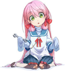 Rule 34 | 10s, 1girl, :o, age regression, aged down, akashi (kancolle), blue skirt, child, eyebrows, full body, green eyes, hair between eyes, hair ribbon, head tilt, holding, kantai collection, layered sleeves, long hair, long sleeves, magenta (atyana), neck ribbon, no shoes, oversized clothes, pleated skirt, red ribbon, ribbon, ribbon-trimmed legwear, ribbon trim, school uniform, serafuku, short over long sleeves, short sleeves, simple background, sitting, skirt, sleeves past wrists, solo, surprised, tress ribbon, turtleneck, undershirt, very long hair, wariza, white background, wrench