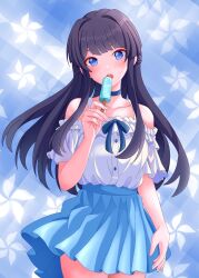 Rule 34 | :o, absurdres, bare shoulders, black hair, blue skirt, blush, collarbone, food, head tilt, highres, holding, holding food, holding popsicle, idolmaster, idolmaster million live!, long hair, looking at viewer, mogami shizuka, off-shoulder shirt, off shoulder, patterned background, pleated skirt, popsicle, raby vivid, shirt, shirt tucked in, skirt, very long hair, white shirt