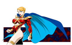 Rule 34 | 1girl, blonde hair, blue eyes, breasts, cape, cleavage cutout, clenched hands, clothing cutout, eighth wonder, haruka athena, impossible clothes, large breasts, leotard, lips, lipstick, makeup, mature female, muscular, muscular female, sabachiyo land, short hair, skin tight, solo, superhero costume, uchi no musume ni te wo dasuna!