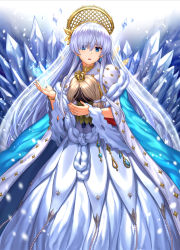 Rule 34 | 1girl, anastasia (fate), blue cloak, blue eyes, cloak, commentary request, crown, dress, earrings, fate/grand order, fate (series), hair over one eye, hand up, head tilt, ice, jewelry, light brown hair, long hair, mini crown, npcpepper, parted lips, royal robe, silver hair, solo, very long hair, white dress