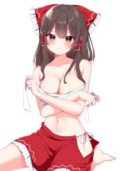 Rule 34 | 1girl, absurdres, arms under breasts, bare arms, bare shoulders, barefoot, blush, bow, breasts, brown eyes, brown hair, cleavage, closed mouth, collarbone, crossed arms, embarrassed, hair bow, hair over breasts, hair tubes, hakurei reimu, heart, heart-shaped pupils, highres, hip vent, large breasts, looking at viewer, medium hair, navel, no panties, no shirt, red bow, red skirt, sarashi, shinonome asu, simple background, sitting, skirt, solo, stomach, symbol-shaped pupils, touhou, twitter username, undressing, wariza