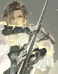 Rule 34 | 1boy, black gloves, brown hair, dion lesage, earrings, en (enxxx), fighting stance, final fantasy, final fantasy xvi, frilled sleeves, frills, gloves, grey background, hair over one eye, holding, holding polearm, holding weapon, jewelry, looking at viewer, male focus, medium hair, parted bangs, polearm, shirt, solo, swept bangs, upper body, weapon, white shirt, yellow eyes