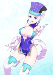 Rule 34 | 10s, 1girl, bad id, bad pixiv id, bare shoulders, blue eyes, blue hair, blue rose (tiger &amp; bunny), boots, breasts, cleavage, earrings, elbow gloves, fingernails, gloves, hat, jewelry, karina lyle, large breasts, legs, lipstick, makeup, matching hair/eyes, outstretched hand, short hair, solo, superhero costume, thigh boots, thighhighs, thighs, tiger &amp; bunny, unicornlove, white thighhighs
