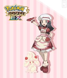 Rule 34 | 1girl, :d, alcremie, alcremie (strawberry sweet), apron, arm up, black hair, chef hat, commentary, copyright name, creatures (company), dawn (palentine&#039;s 2021) (pokemon), dawn (pokemon), dreambig, dress, eyelashes, full body, game freak, gen 8 pokemon, grey eyes, hair ornament, hairclip, hand on own hip, hat, highres, leg warmers, long hair, mittens, nintendo, official alternate costume, open mouth, outline, oven mitts, pokemon, pokemon (creature), pokemon masters ex, red dress, red footwear, red mittens, shoes, short sleeves, sidelocks, smile, standing, tongue, watermark, white headwear, yellow apron